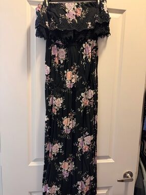 Black Floral Maxi Skirt with Lace Waistband